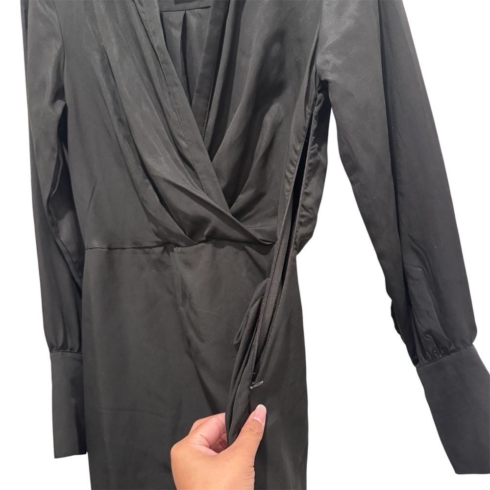 Aqua Collared Faux Wrap Mini Dress Long Sleeves Deep V-neck Ruched Black Size S - Picture 10 of 11